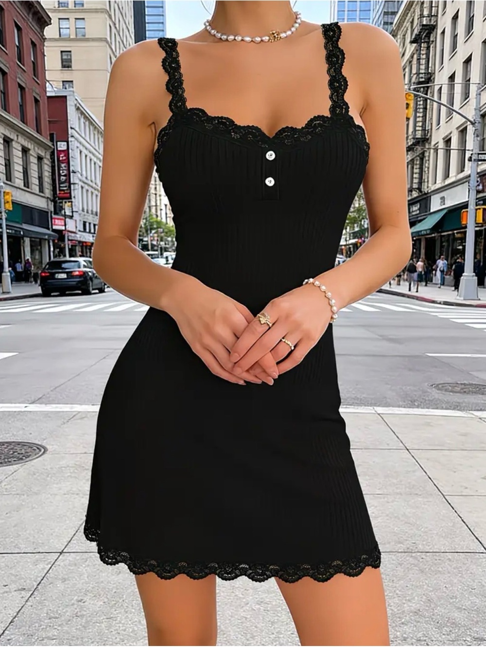 Black Lace-Trim Ribbed Mini Dress - Women's